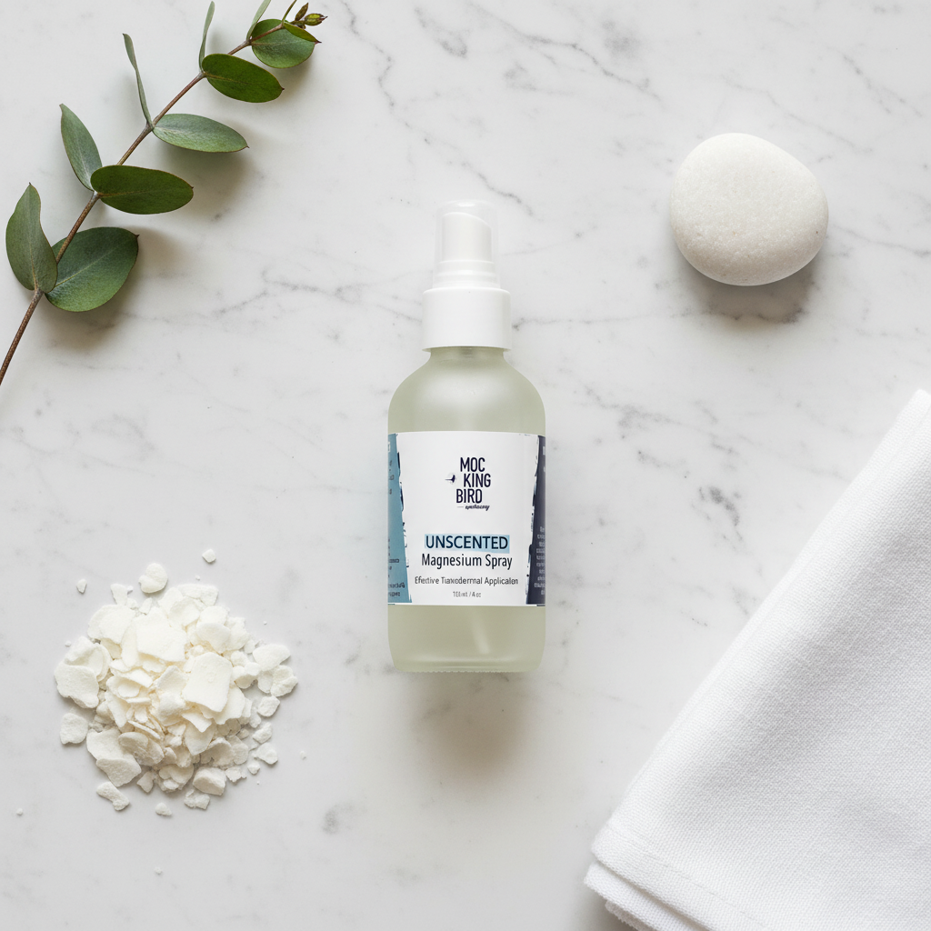 Unscented Magnesium Oil Spray – flat lay on white marble with magnesium flakes, white stone, eucalyptus and white linen