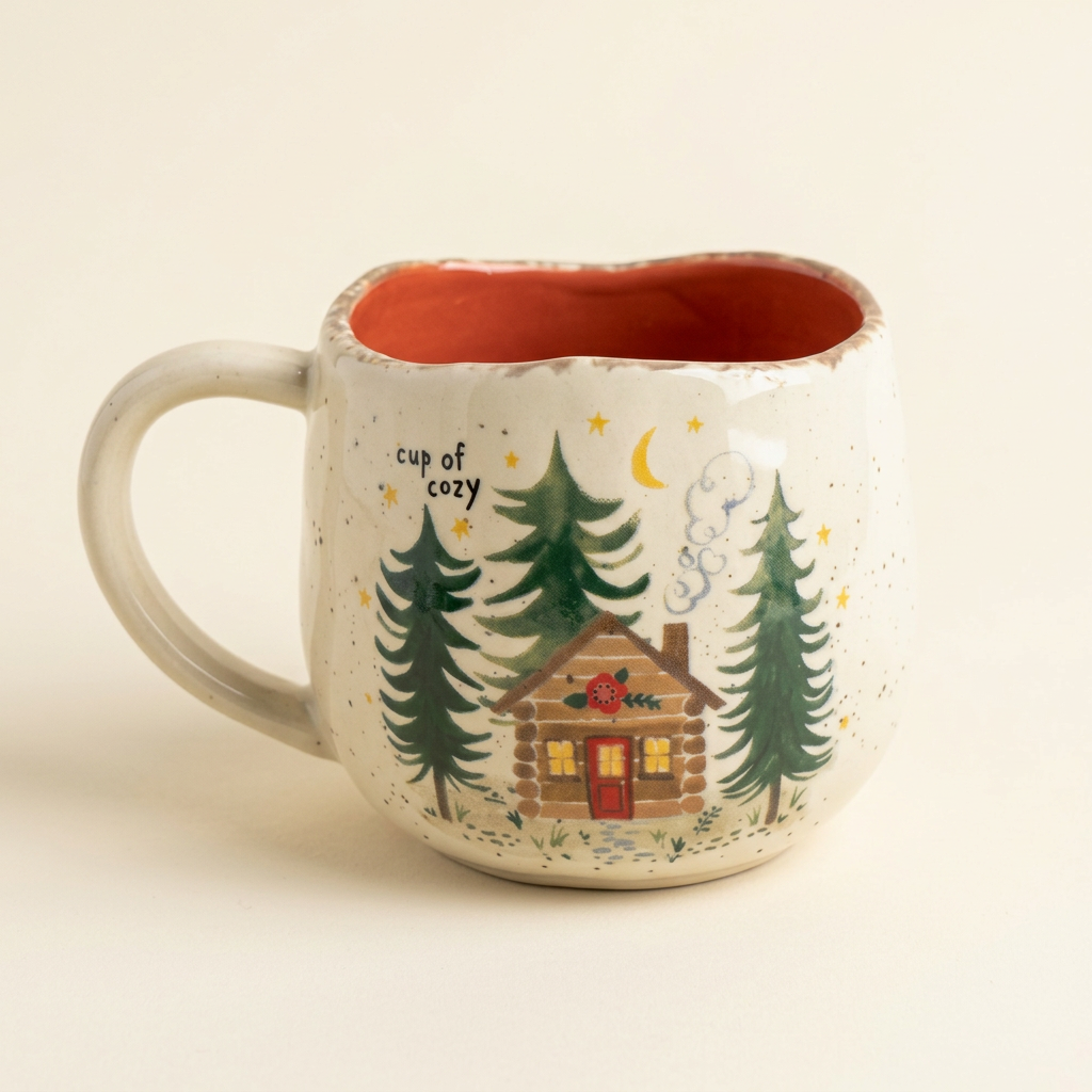 Cup of Cozy woodland cabin coffee mug with cream-speckled exterior and terracotta-red interior on an ivory background
