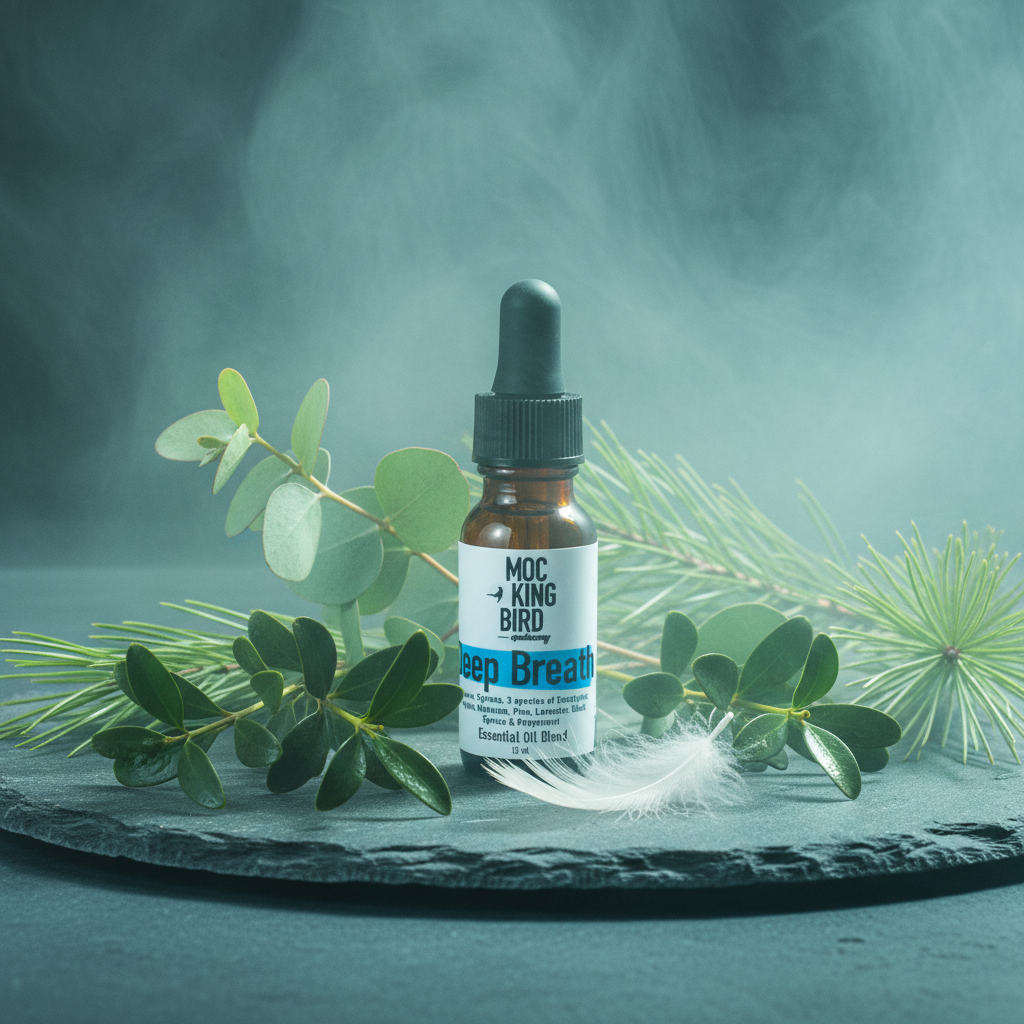 Deep Breath Essential Oil Blend – eclectic editorial on cool slate with eucalyptus, pine, myrtle and white feather