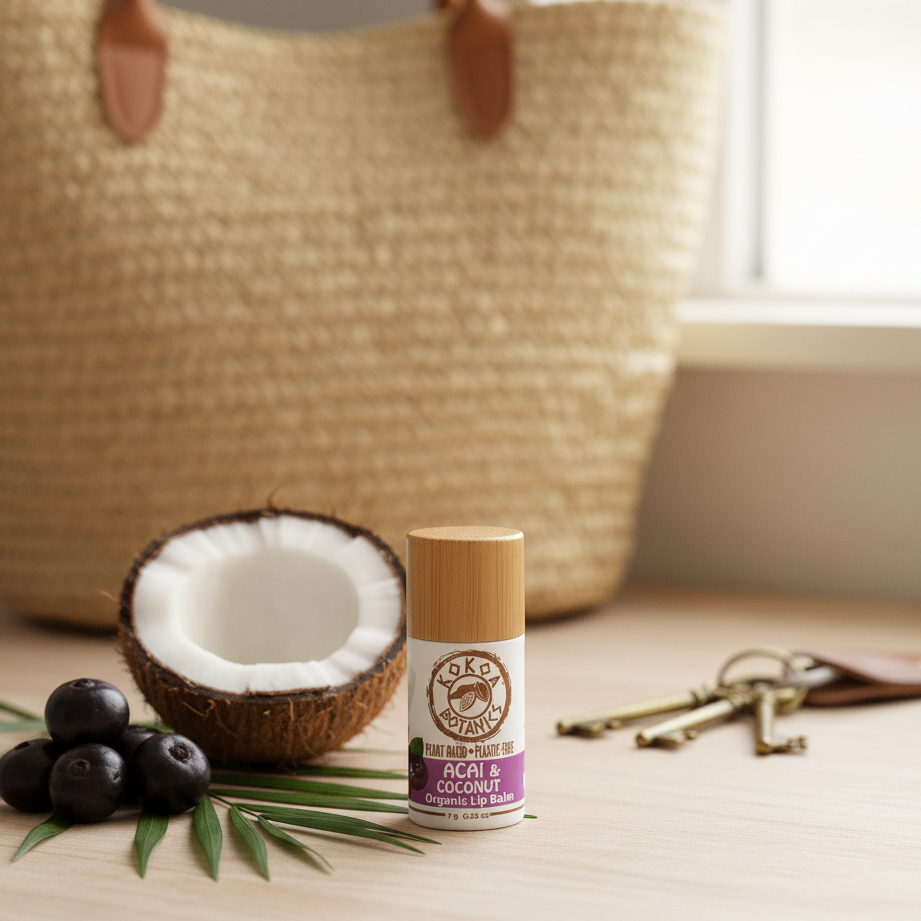 Acai & Coconut Lip Balm lifestyle with rattan tote bag, keys, acai berries and coconut on countertop