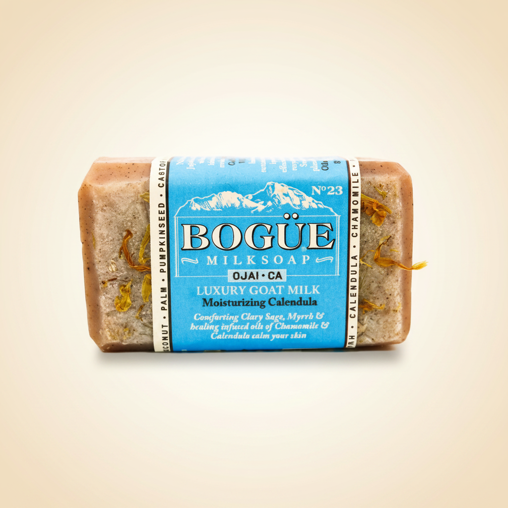 Calendula & Chamomile Goat Milk Bar Soap No.23 – hero product shot on warm amber background