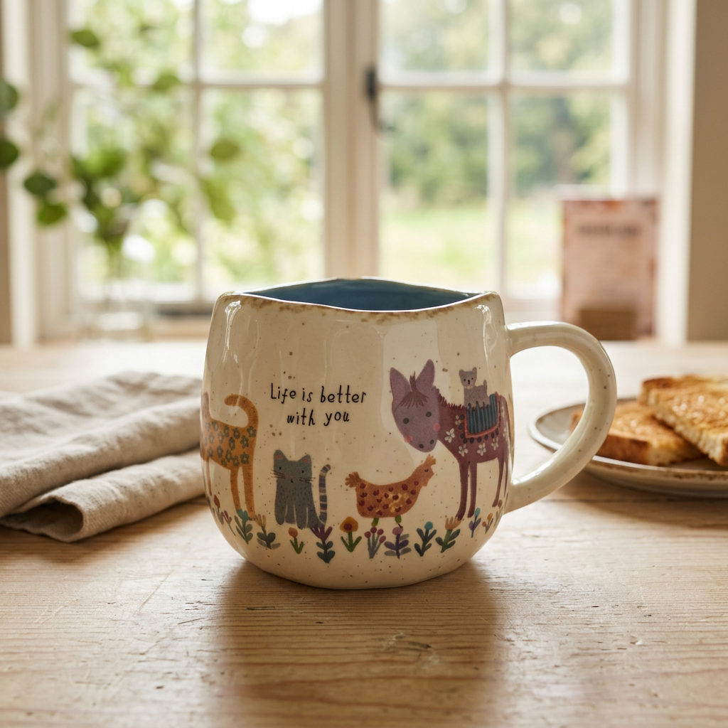 Farm animal artisan mug styled on a sunny breakfast table