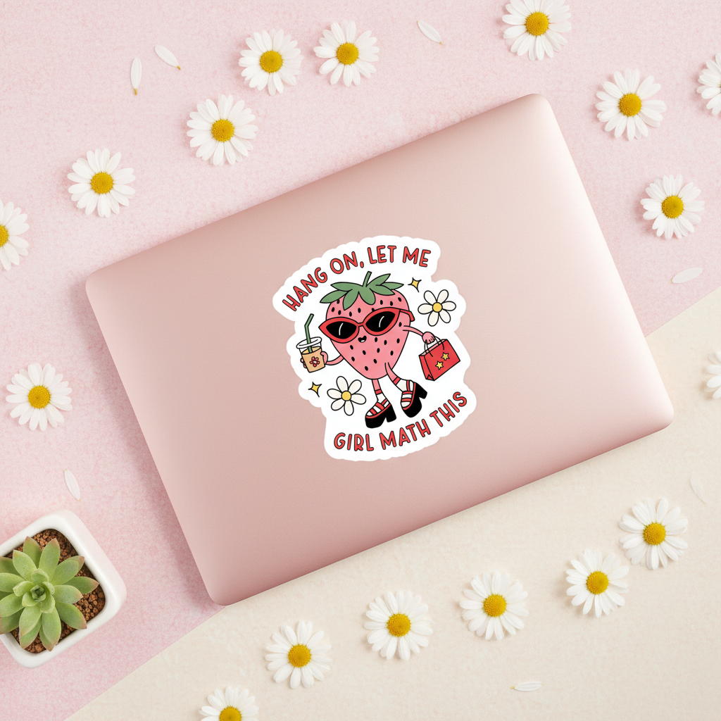 Girl Math Strawberry vinyl sticker on a rose gold laptop with pink background and daisies