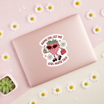 Girl Math Strawberry vinyl sticker on a rose gold laptop with pink background and daisies