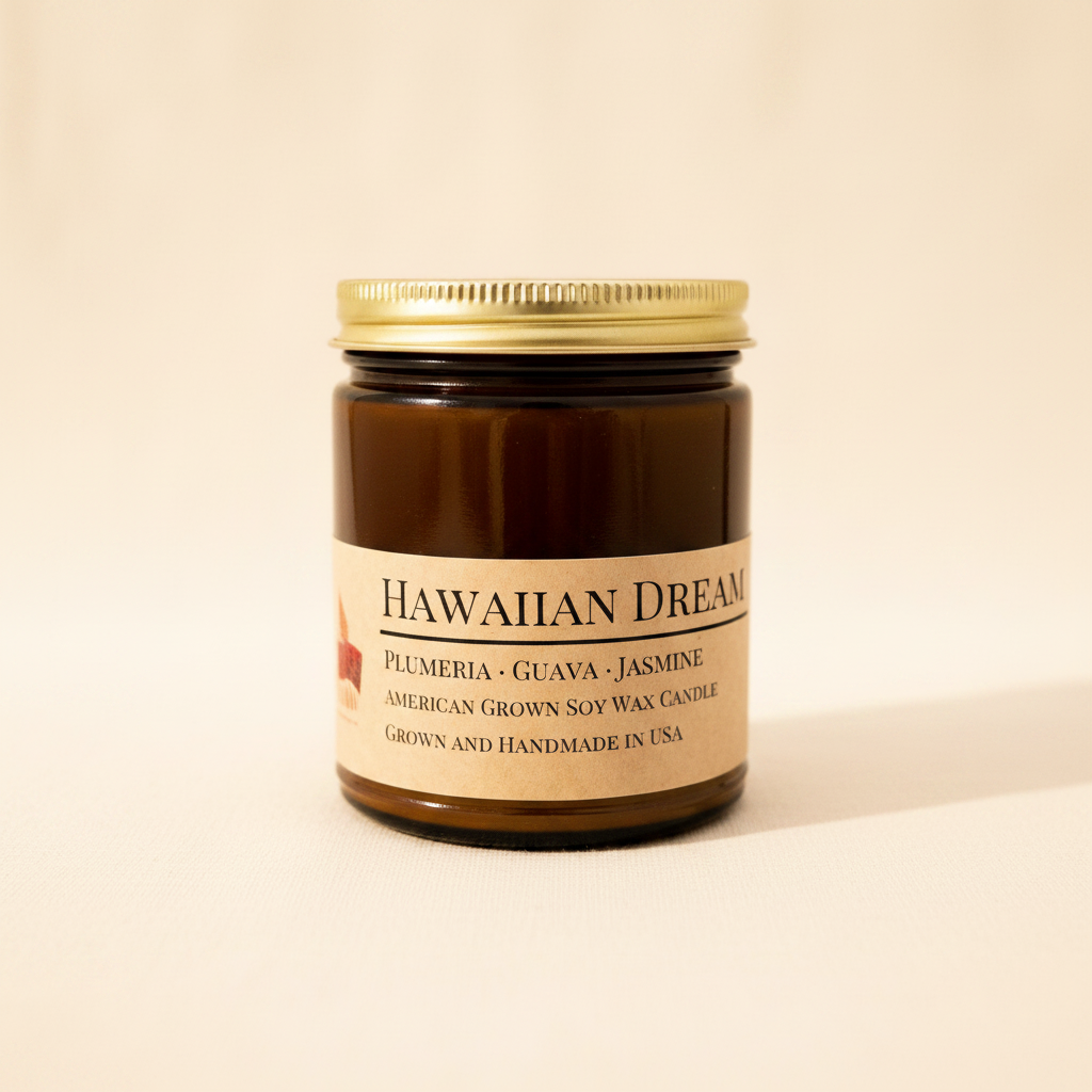 Hawaiian Dream soy candle in amber apothecary jar on warm cream linen background with shadow