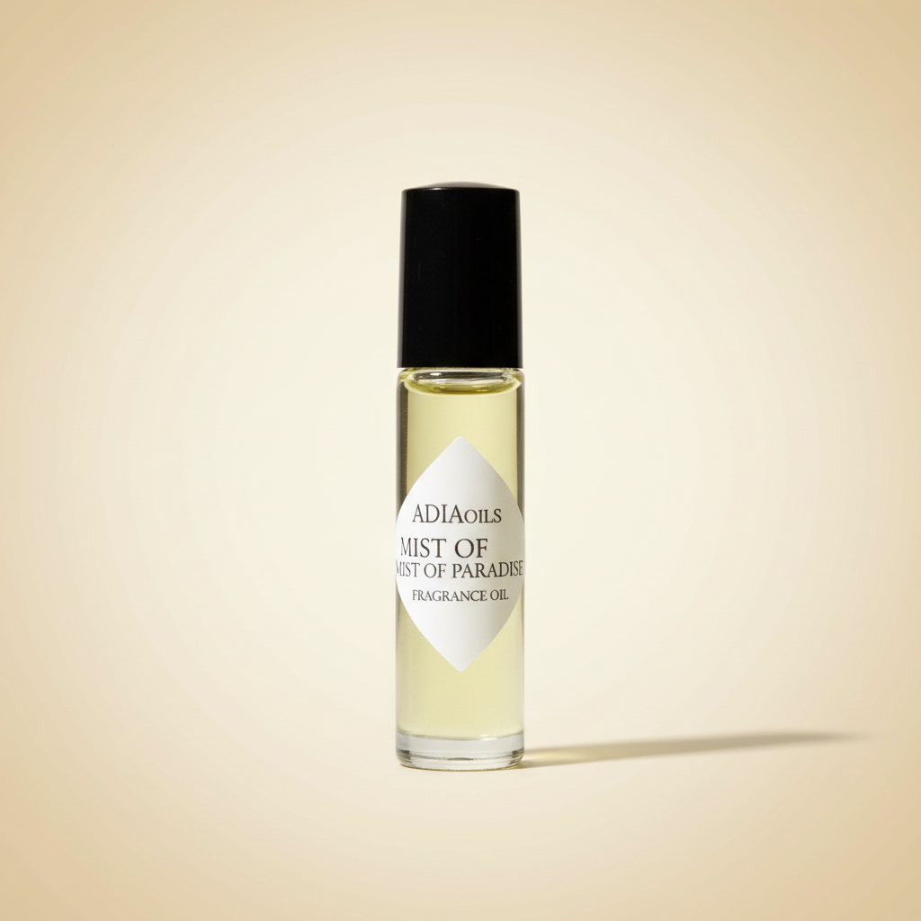 Adia Mist of Paradise Fragrance Oil rollerball on pale warm amber background