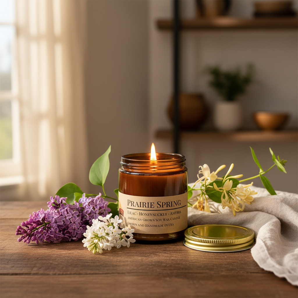 Prairie Spring candle lit on wooden surface with lilac sprigs and honeysuckle