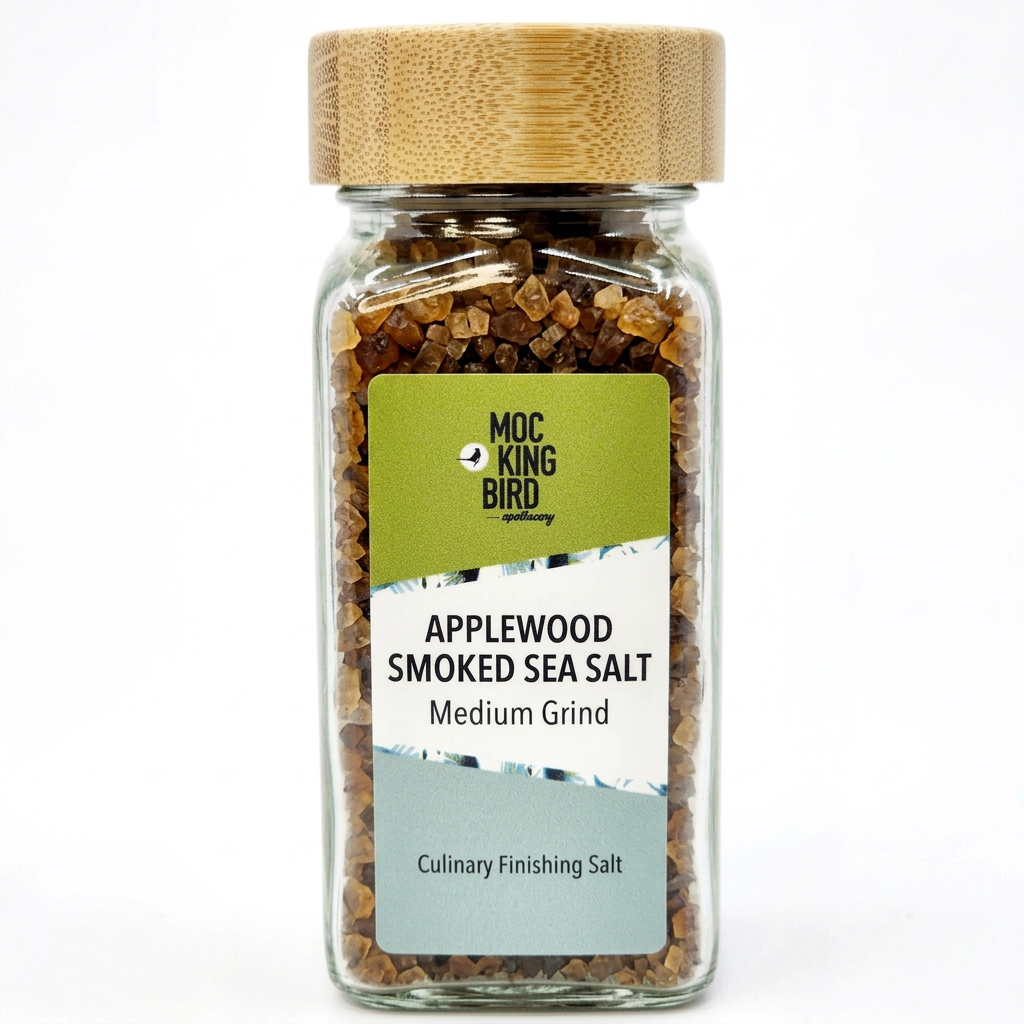 Illustrative Mockingbird Applewood Smoked Sea Salt jar with dark smoked salt crystals, bamboo lid and pale sage-blue lower label.