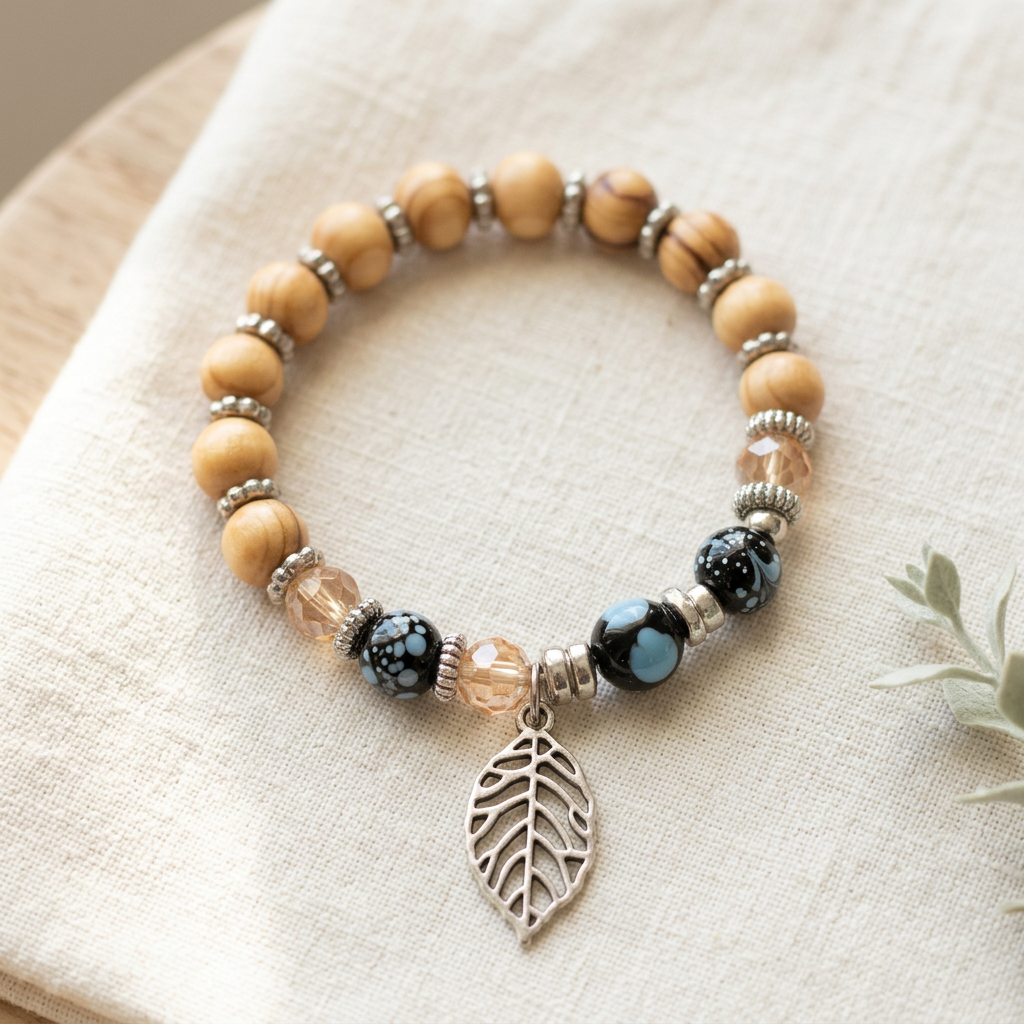 Tan wood bead bracelet with silver-tone leaf charm styled on ivory linen with botanical accents