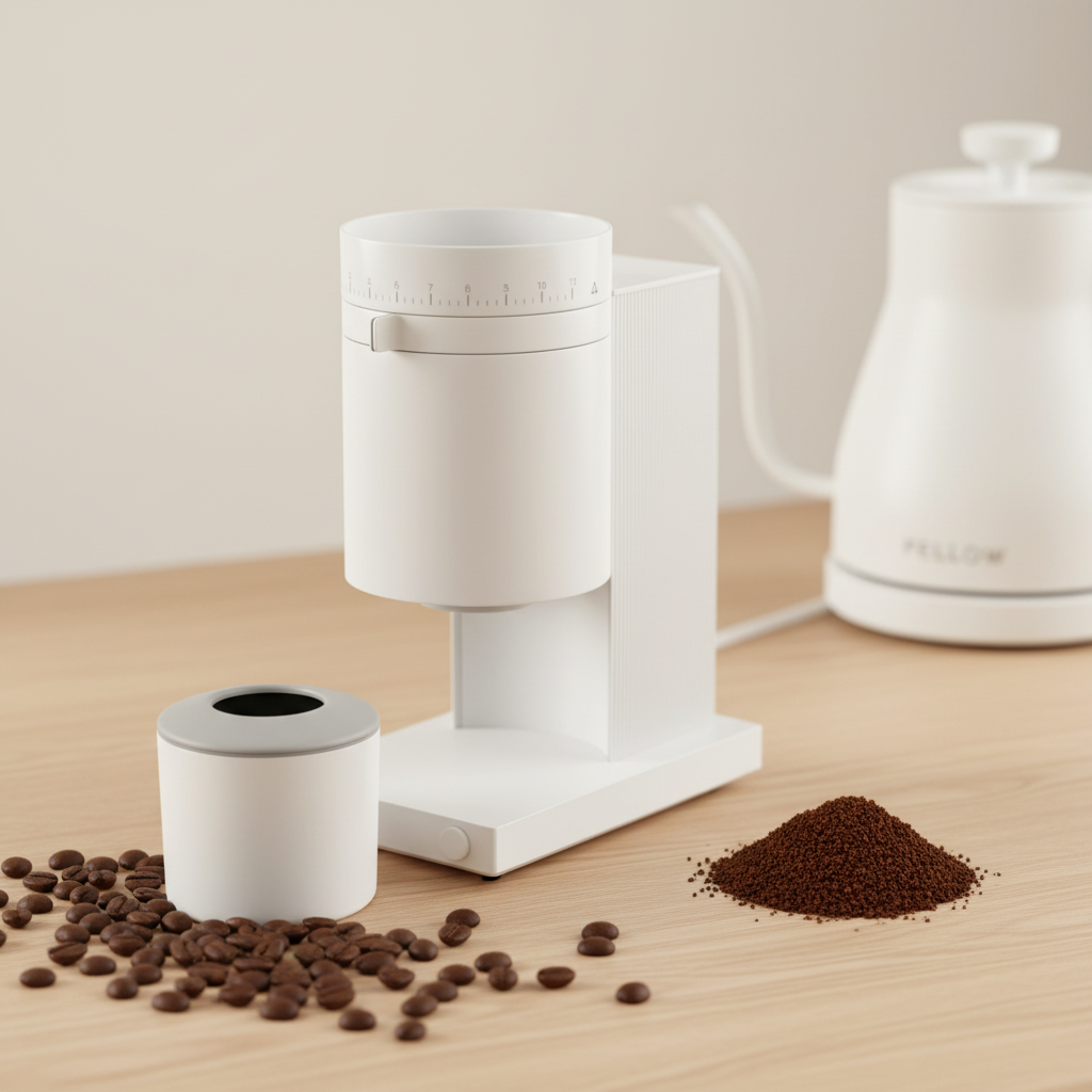 Fellow Opus matte white conical burr grinder on wood surface with coffee beans and kettle in background