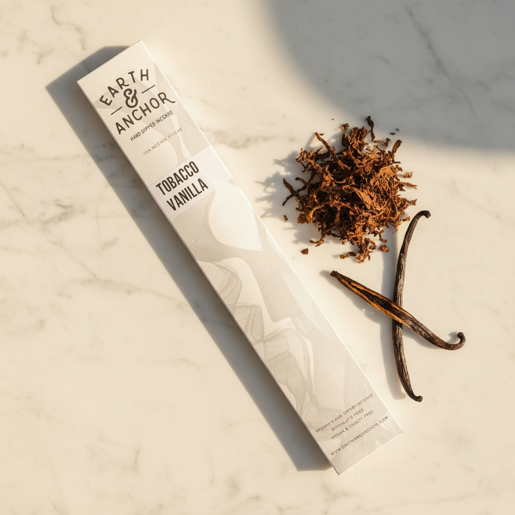 Tobacco Vanilla incense lifestyle flat lay with dried tobacco leaves and vanilla bean on white marble