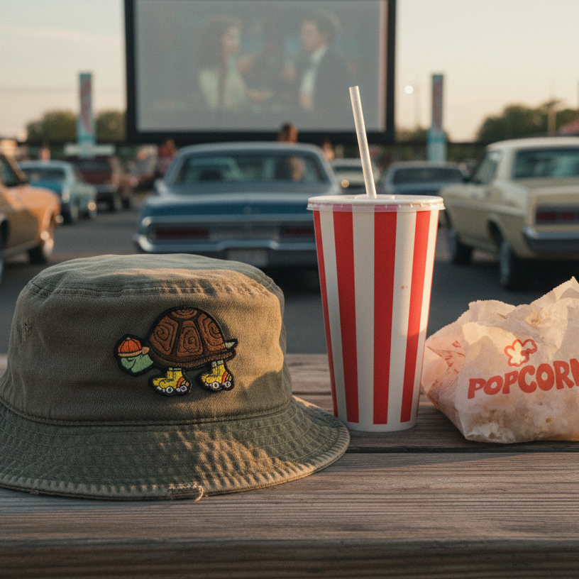 Tortoise roller skates embroidered patch on faded bucket hat at retro 70s drive-in picnic table with fountain soda and popcorn