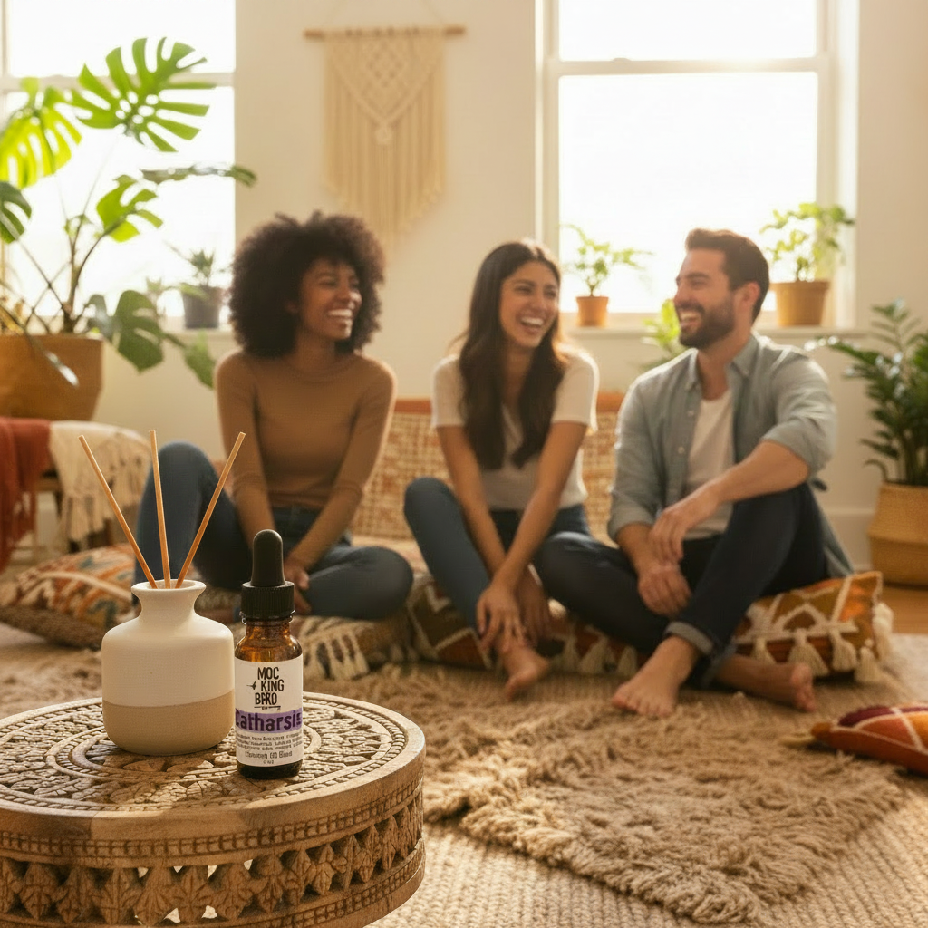 Catharsis Essential Oil Blend – bottle and reed diffuser on boho stool with diverse friends in bright apartment background