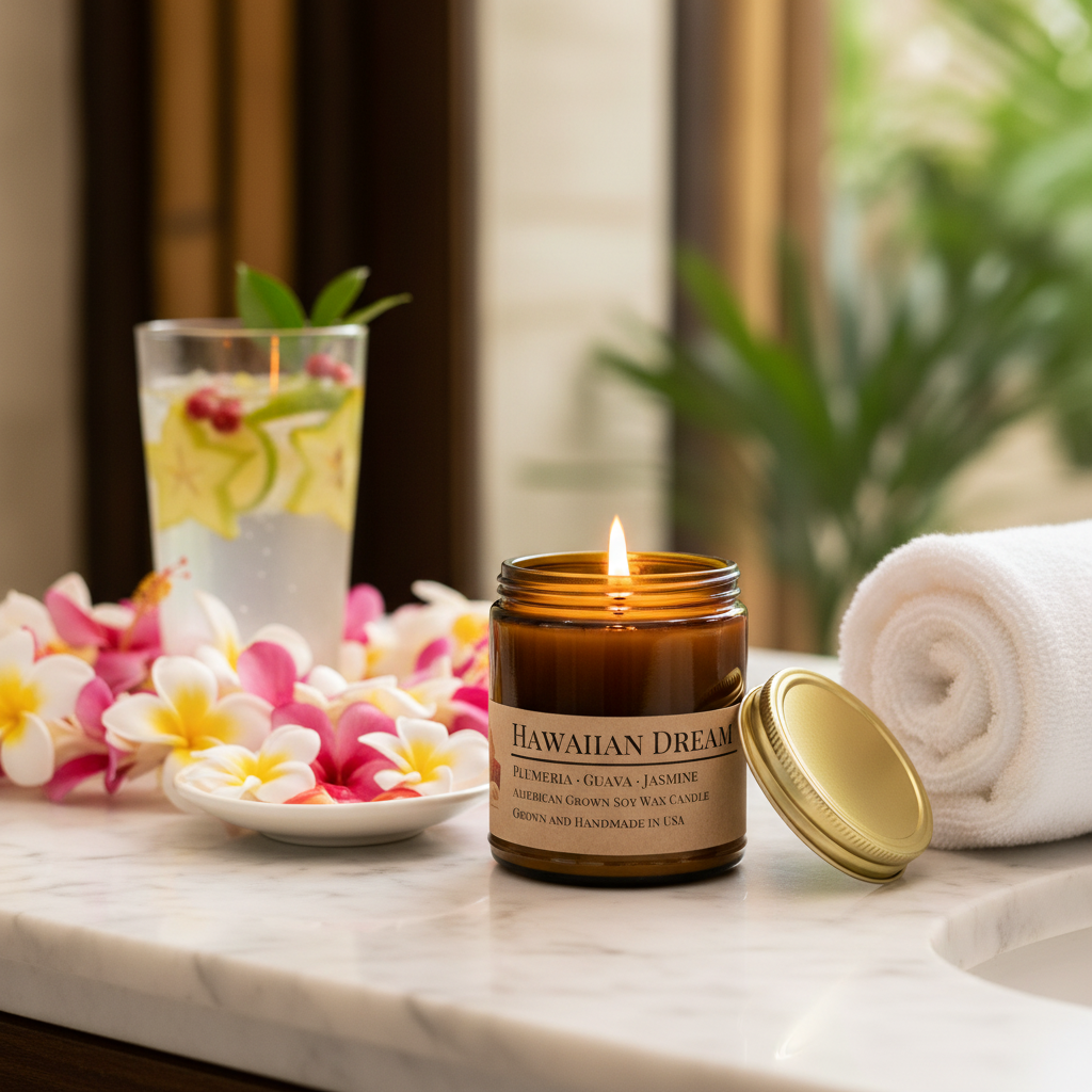 Hawaiian Dream candle on resort spa vanity with plumeria lei, tropical flowers and white towel