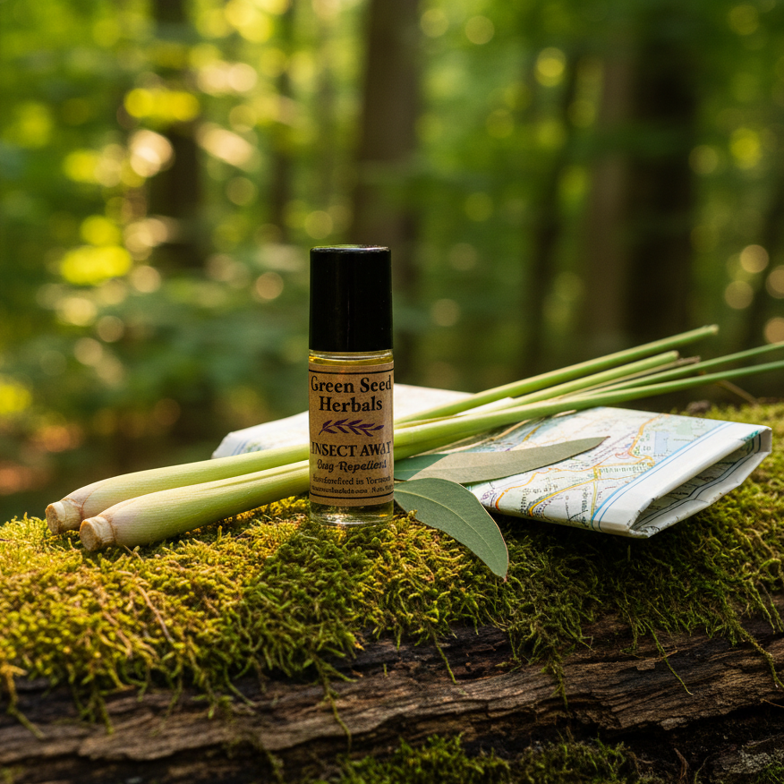 Insect Away Bug Repellent upright on mossy log in lush forest with lemongrass and eucalyptus