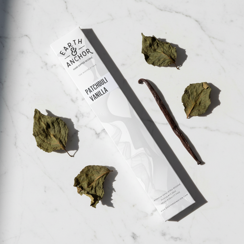 Patchouli Vanilla incense lifestyle flat lay with dried patchouli leaves and vanilla bean on white marble