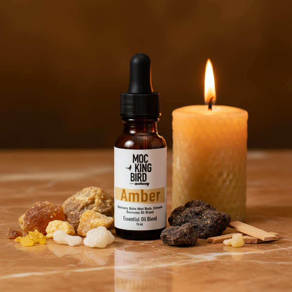 Amber Essential Oil Blend – eclectic on amber marble with raw amber resin, benzoin, labdanum, frankincense and beeswax candle