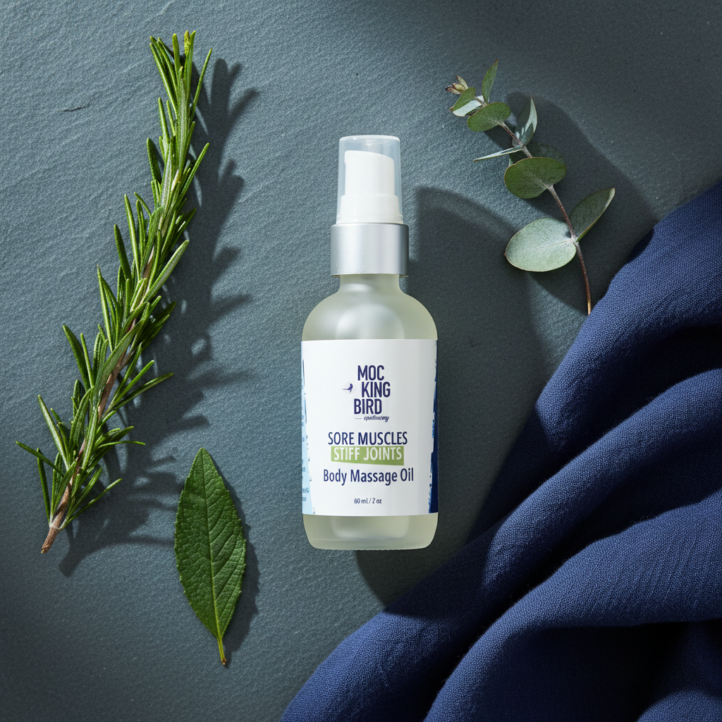 Wintergreen & Rosemary Sore Muscles Massage Oil flat lay on slate with rosemary, wintergreen and eucalyptus