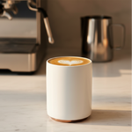 Fellow Monty Milk Art white latte cups with rose gold base on marble surface, one filled with latte art