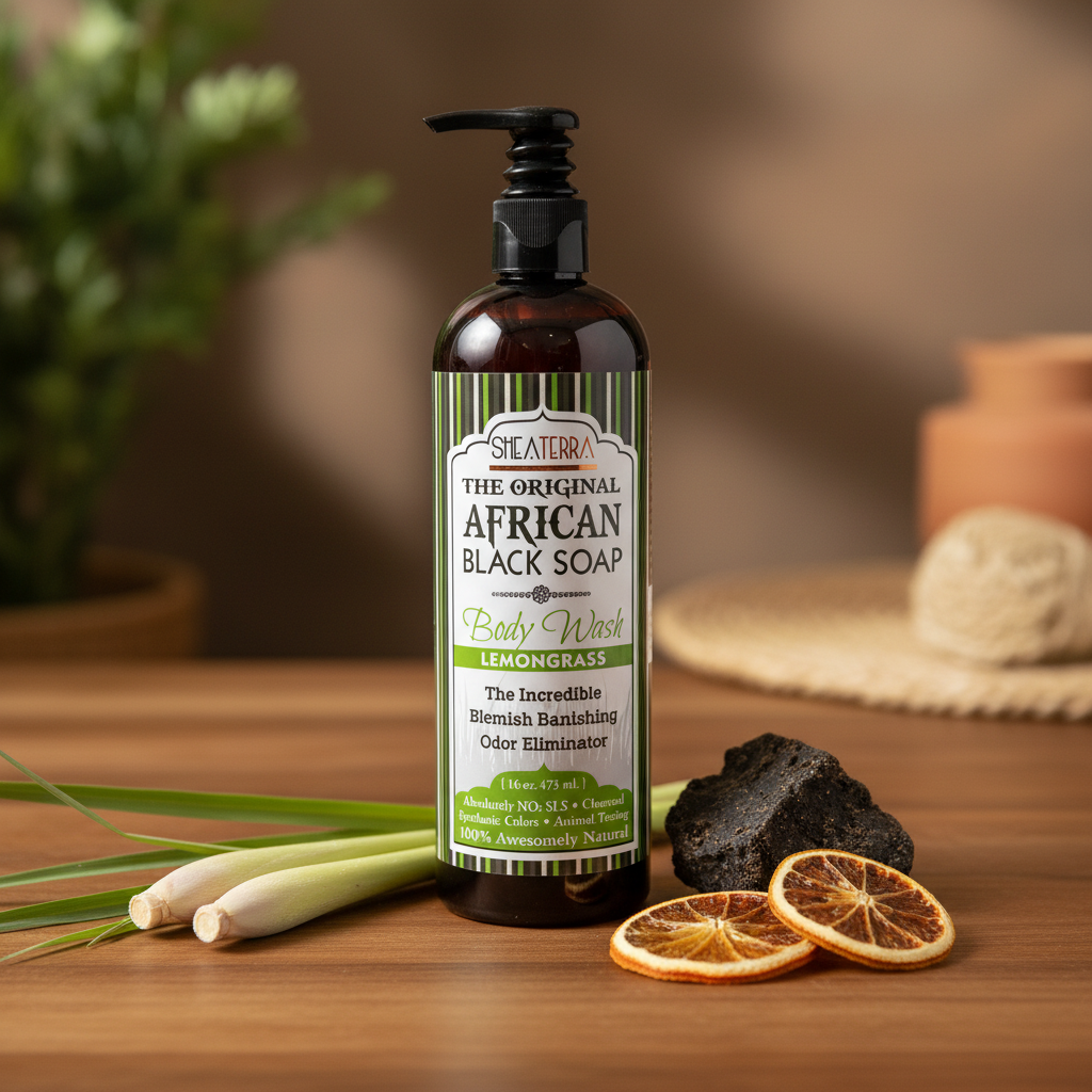African Black Soap Lemongrass Body Wash lifestyle with fresh lemongrass stalks and raw black soap on warm wood surface