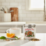 Energy Herbal Tisane tin beside white ceramic mug of steaming amber tea with orange slice on bright kitchen counter