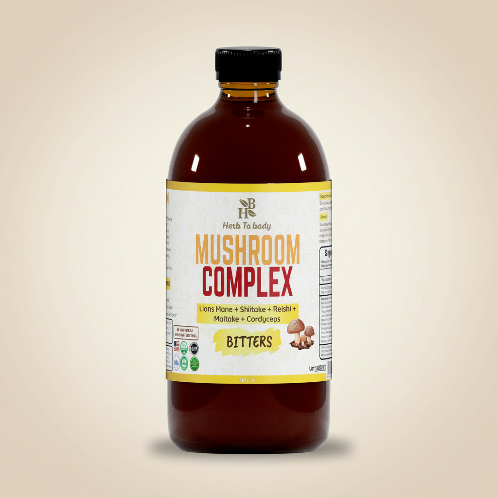 Herb To Body Mushroom Complex Bitters bottle on pale earthy tan background