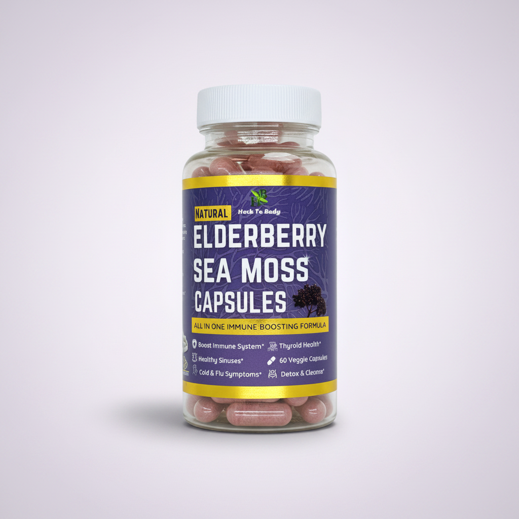 Herb To Body Elderberry Sea Moss Capsules on pale lavender background