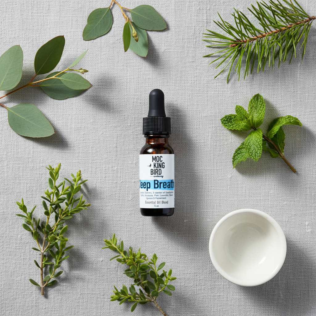 Deep Breath Essential Oil Blend – flat lay overhead on grey linen with eucalyptus, pine, peppermint and cypress