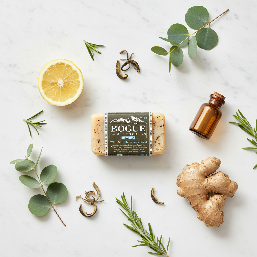 Bogüe Milk Soap No.36 Immunity Wellness Blend – lifestyle flat lay with eucalyptus, lemon, rosemary and ginger