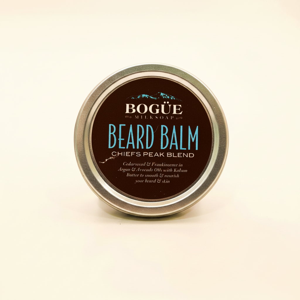Bogüe Milk Soap Chief's Peak Beard Balm – hero on soft warm amber background