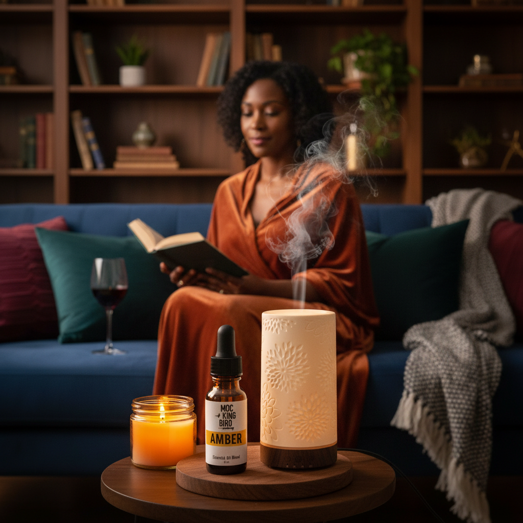 Amber Essential Oil Blend – lifestyle with Joy Flower Diffuser, Black woman reading on velvet sofa with candlelight and jewel tones
