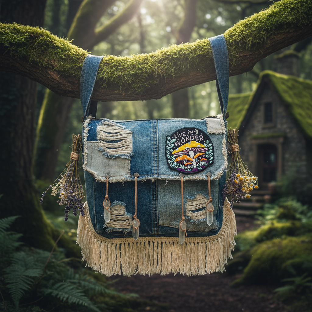 Live In Wonder mushroom and moon embroidered patch on tattered denim bag hanging from a mossy forest branch