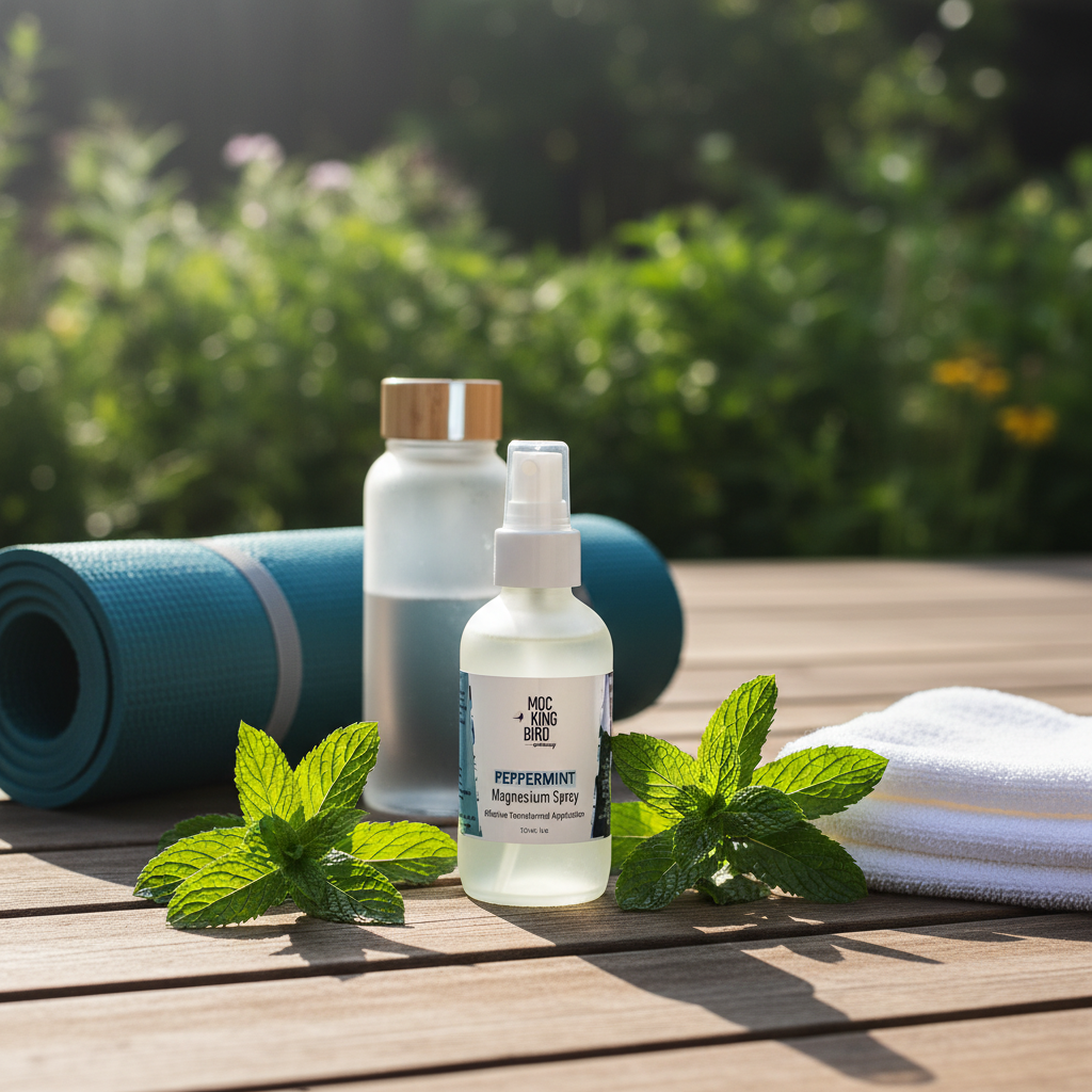 Peppermint Magnesium Oil Spray – outdoor yoga deck with peppermint sprigs, rolled mat and morning garden light