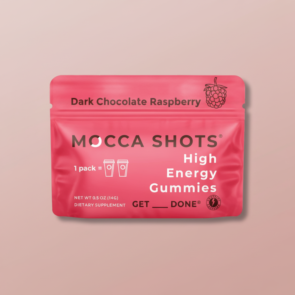 Mocca Shot High Energy Gummies – Dark Chocolate Raspberry hero shot on blush pink background