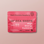 Mocca Shot High Energy Gummies – Dark Chocolate Raspberry hero shot on blush pink background