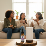 Mood Essential Oil Blend – lifestyle with Joy Flower Diffuser, three diverse women laughing on cozy sofa