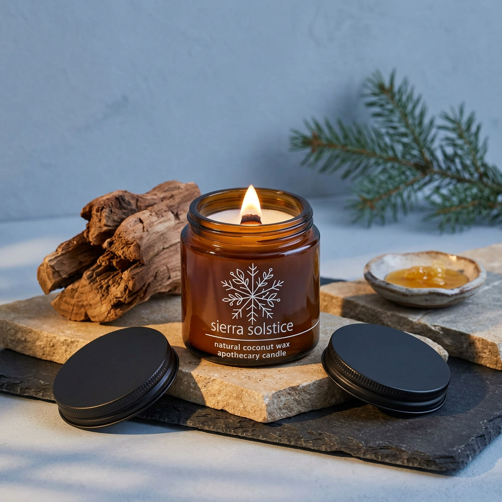 Lit Sierra Solstice candle with a black lid on layered limestone and slate with cedarwood and golden resin accents