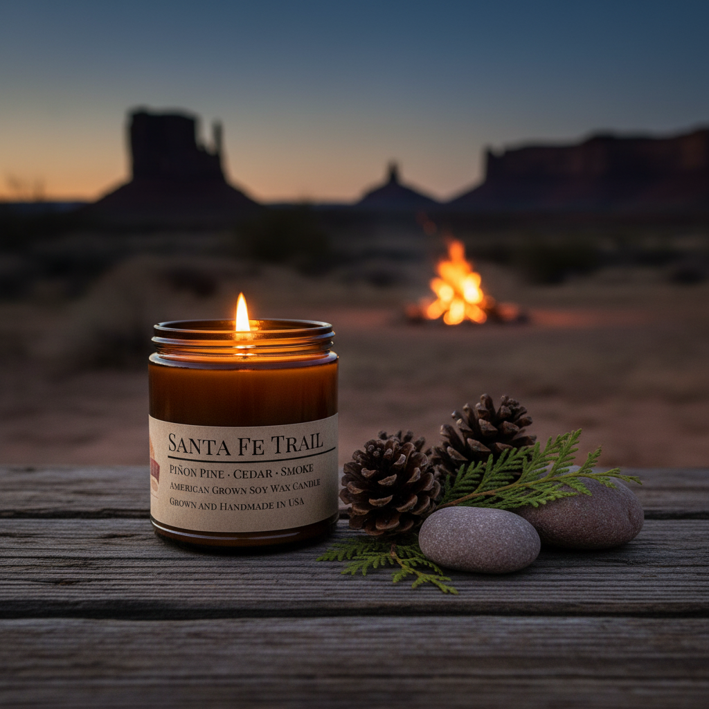 Santa Fe Trail candle lit at desert dusk with piñon pine cones, cedar branch and desert stones
