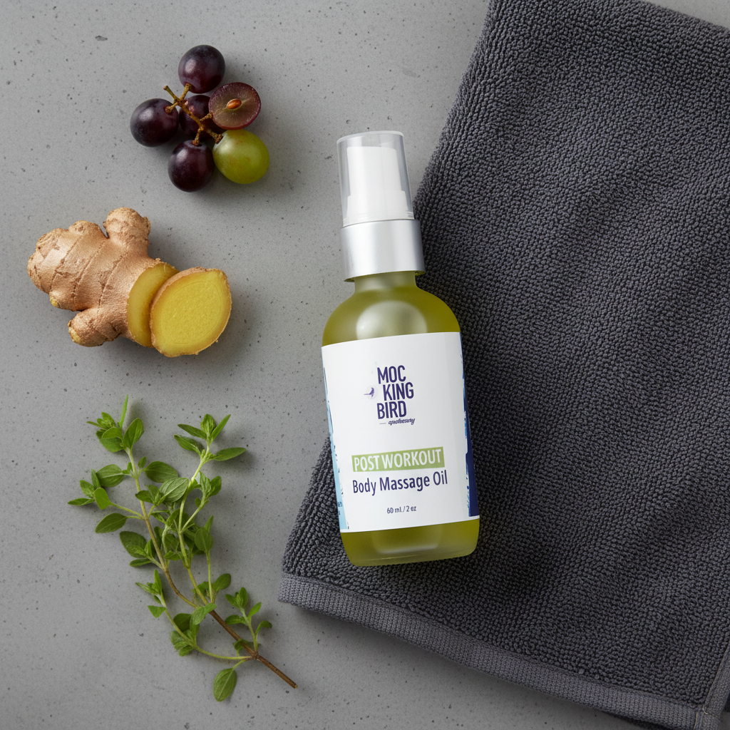 Marjoram, Ginger & Grapeseed Post Workout Massage Oil flat lay on grey surface with ginger root, marjoram and grapeseed