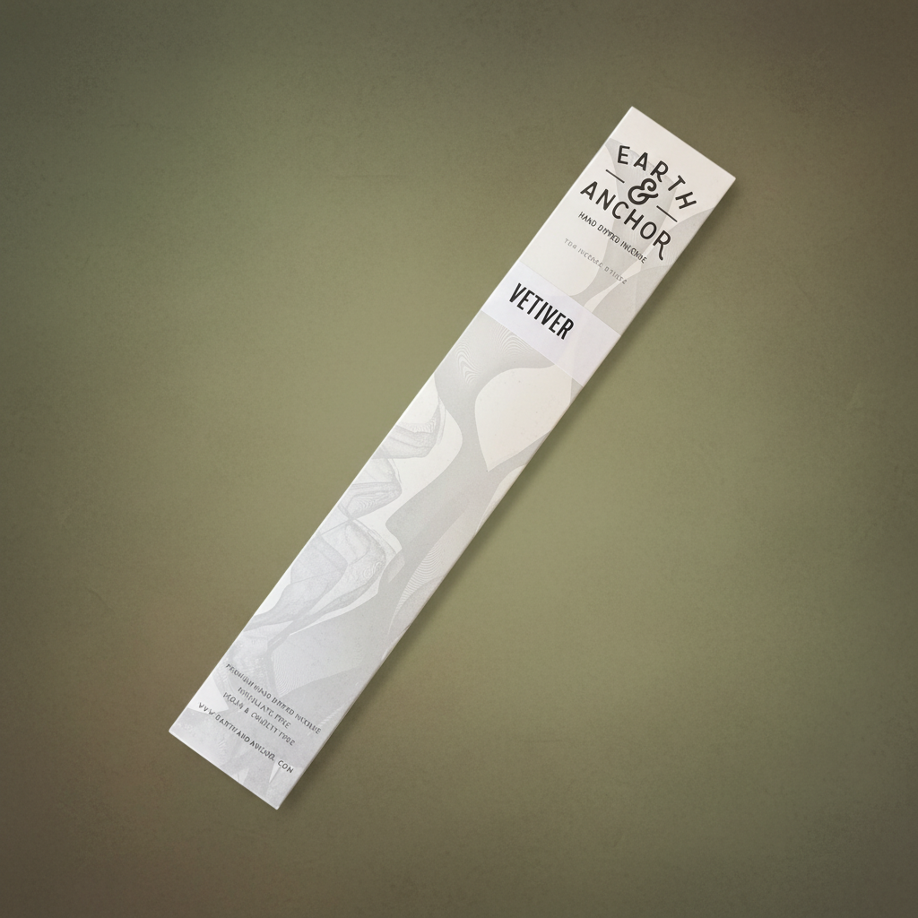 Vetiver incense sleeve by Earth & Anchor on muted earthy green-brown background
