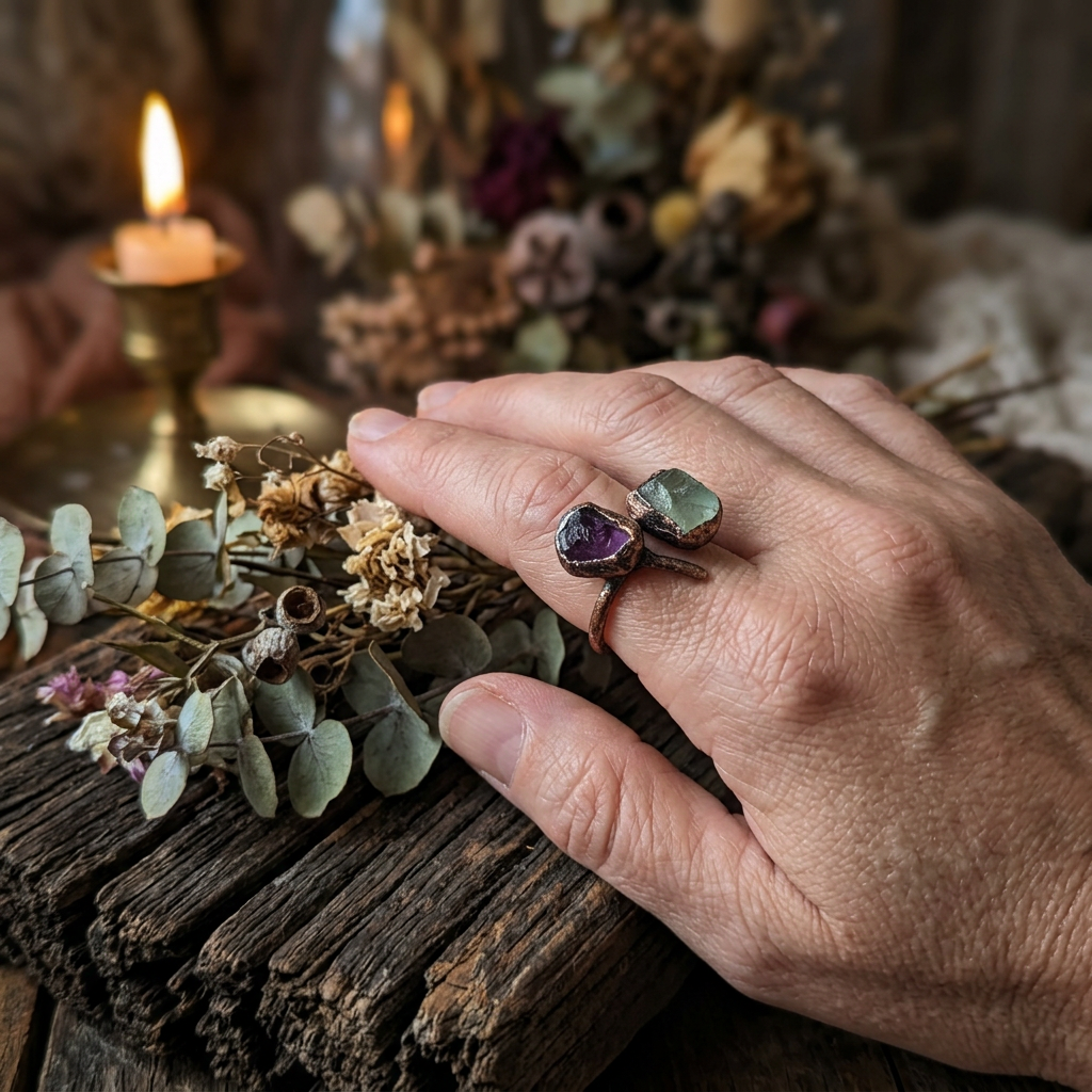 Creative lifestyle photo of the raw purple and green fluorite wrap-around ring worn on a hand over weathered wood with dried botanicals and candlelight