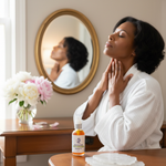 Frankincense & Rosehip Massage Oil lifestyle with Black woman massaging neck and décolletage in warm morning light