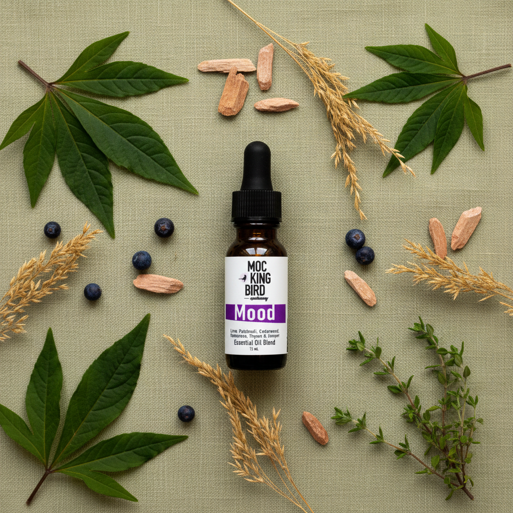 Mood Essential Oil Blend – flat lay on sage green linen with full botanical ingredient spread