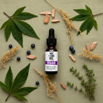 Mood Essential Oil Blend – flat lay on sage green linen with full botanical ingredient spread