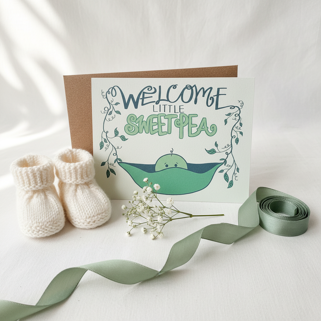 Welcome Little Sweet Pea baby card with tiny booties, baby's breath flowers and green ribbon on soft white surface