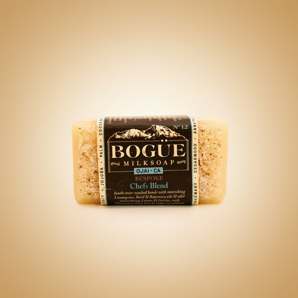 Bogüe Milk Soap No.12 Chefs Blend Goat Milk Bar Soap – hero product shot on warm amber background
