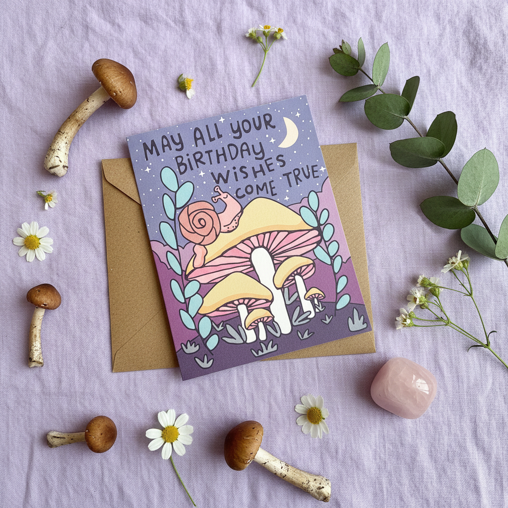 Snail and mushroom birthday card on lavender linen with real mushrooms, eucalyptus, wildflowers and rose quartz
