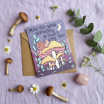Snail and mushroom birthday card on lavender linen with real mushrooms, eucalyptus, wildflowers and rose quartz
