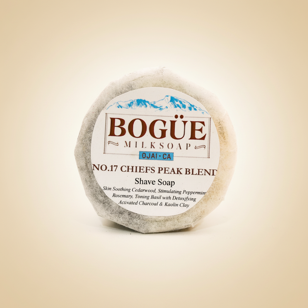 Bogüe Milk Soap No.17 Chiefs Peak Shave Soap – hero product shot on warm amber background
