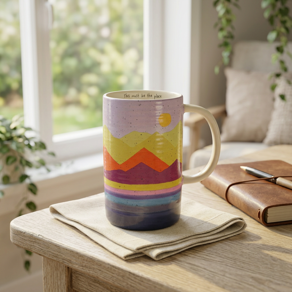 Mountain landscape latte mug styled on an oak table beside a sunny window